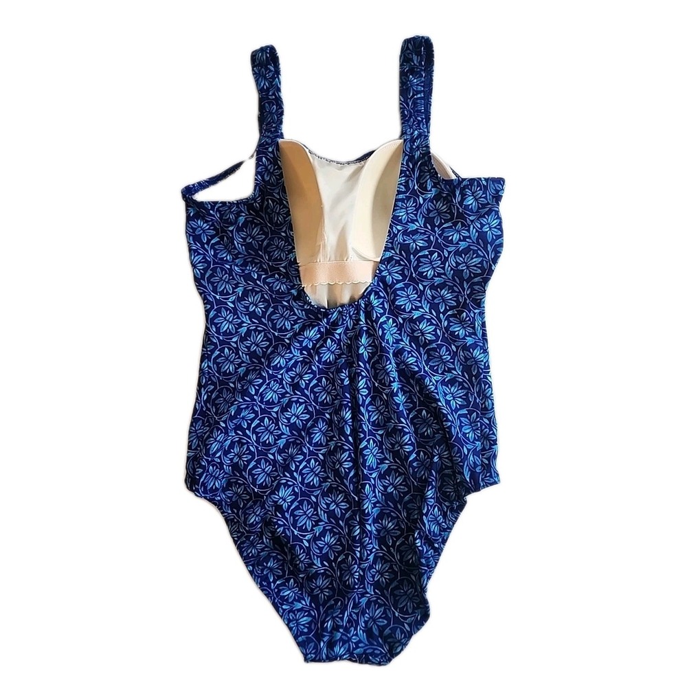 LL Bean Swimsuit Scoop Neck Tanksuit Resort Modest Blue Floral Womens Sz 16 - Picture 3 of 7